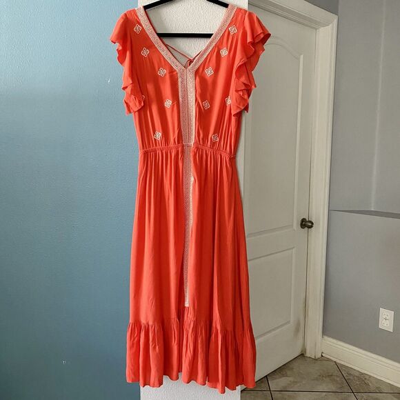 Moon River Anthropologie Orange Embroidered Boho Midi Dress size Medium - Picture 4 of 16